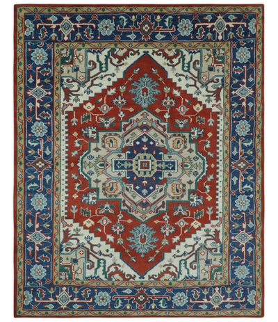 Custom Made Traditional Brown, Ivory and Blue Heriz Medallion Wool Area Rug - The Rug Decor