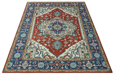 Custom Made Traditional Brown, Ivory and Blue Heriz Medallion Wool Area Rug - The Rug Decor