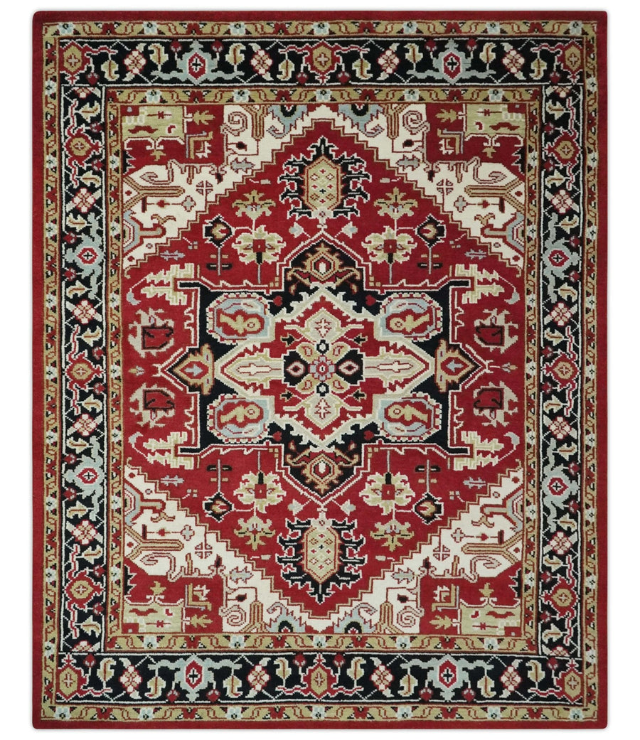 Custom Made Traditional Heriz Red, Ivory, Black and Beige Hand knotted Medallion Wool Area Rug - The Rug Decor