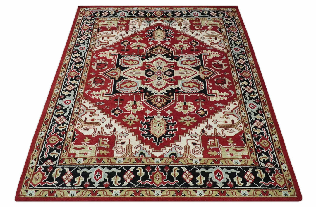 Custom Made Traditional Heriz Red, Ivory, Black and Beige Hand knotted Medallion Wool Area Rug - The Rug Decor