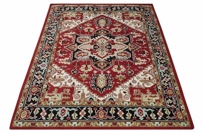 Custom Made Traditional Heriz Red, Ivory, Black and Beige Hand knotted Medallion Wool Area Rug - The Rug Decor