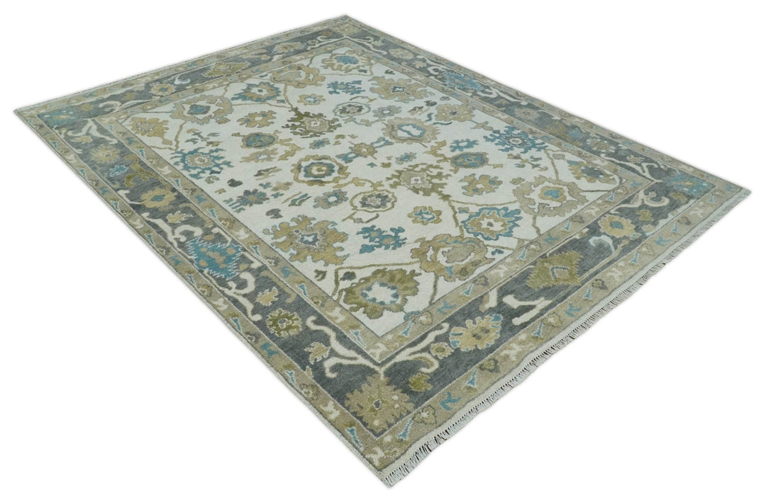 Custom Made Traditional Ivory and Charcoal Hand knotted Oushak Wool Area Rug - The Rug Decor