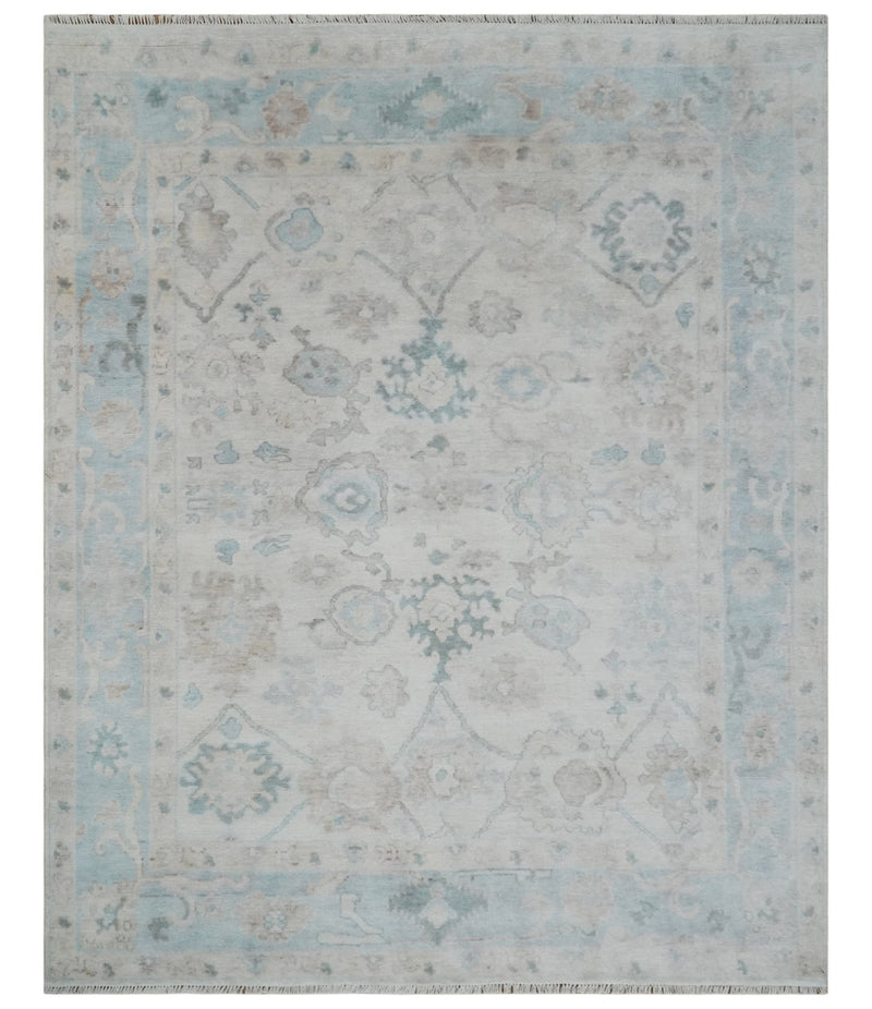 Custom Made Traditional Ivory and Silver Antique Style Oushak Hand knotted Wool Area Rug - The Rug Decor
