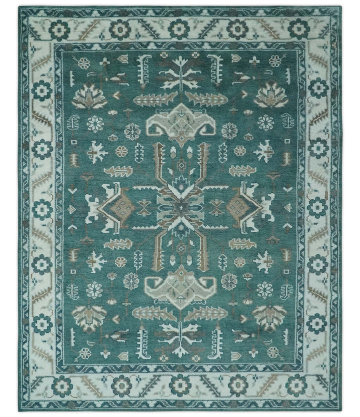 Custom Made Traditional Mamluk Design Teal, Ivory and Brown Hand Knotted wool Area Rug - The Rug Decor