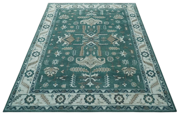 Custom Made Traditional Mamluk Design Teal, Ivory and Brown Hand Knotted wool Area Rug - The Rug Decor