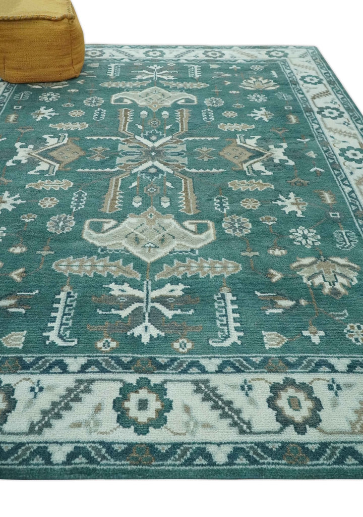 Custom Made Traditional Mamluk Design Teal, Ivory and Brown Hand Knotted wool Area Rug - The Rug Decor