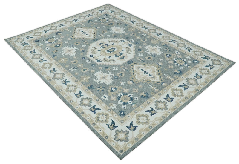 Custom Made Traditional Medallion Gray, Ivory, Beige and Blue Hand Tufted wool Area Rug - The Rug Decor