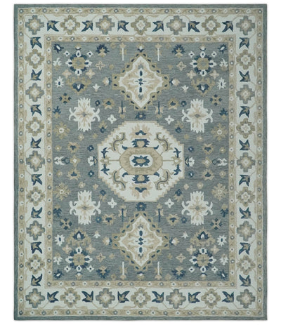 Custom Made Traditional Medallion Gray, Ivory, Beige and Blue Hand Tufted wool Area Rug - The Rug Decor
