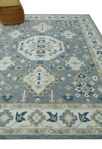 Custom Made Traditional Medallion Gray, Ivory, Beige and Blue Hand Tufted wool Area Rug - The Rug Decor