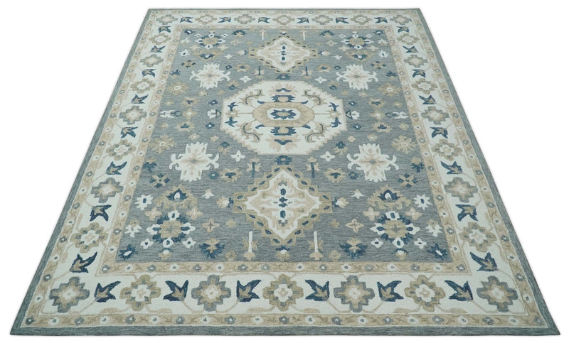 Custom Made Traditional Medallion Gray, Ivory, Beige and Blue Hand Tufted wool Area Rug - The Rug Decor