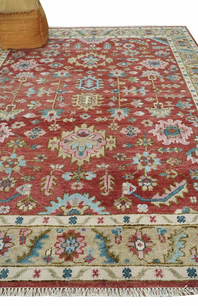 Custom Made Traditional Oushak Rust, Beige and Teal Hand knotted wool Area Rug - The Rug Decor