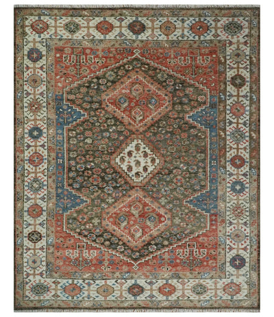 Custom made Traditional Vintage Style Green, Rust and Ivory Turkish design wool Area Rug - The Rug Decor