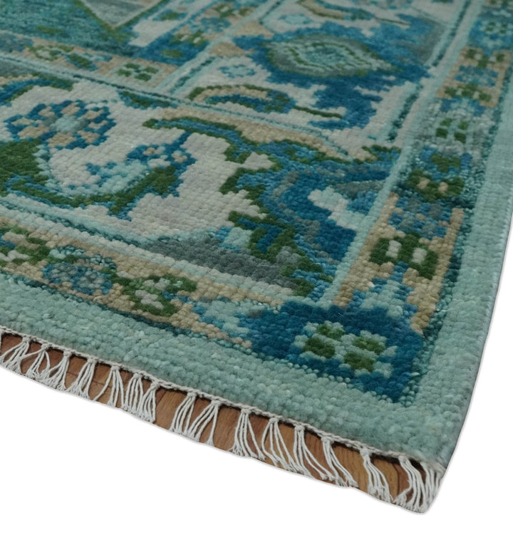 Custom Made Transitional Aqua and Ivory Hand Knotted Antique Style Traditional Wool Rug - The Rug Decor