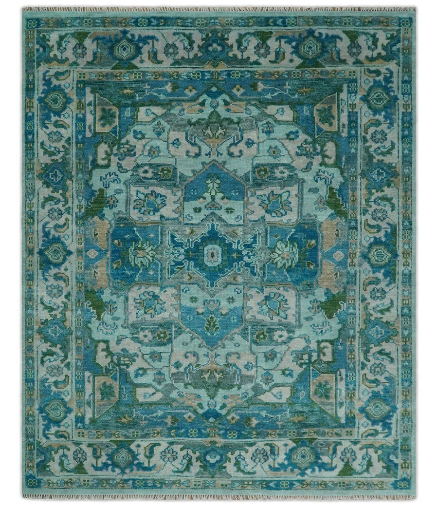 Custom Made Transitional Aqua and Ivory Hand Knotted Antique Style Traditional Wool Rug - The Rug Decor
