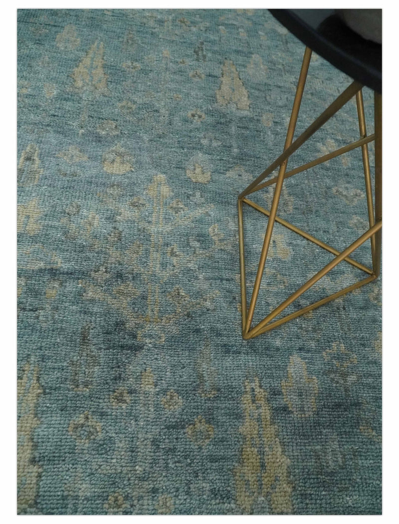 Custom Made Tree of Life Hand Knotted Teal and Beige Traditional Oushak Wool Area Rug - The Rug Decor