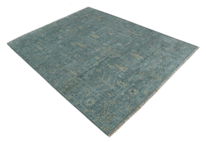 Custom Made Tree of Life Hand Knotted Teal and Beige Traditional Oushak Wool Area Rug - The Rug Decor