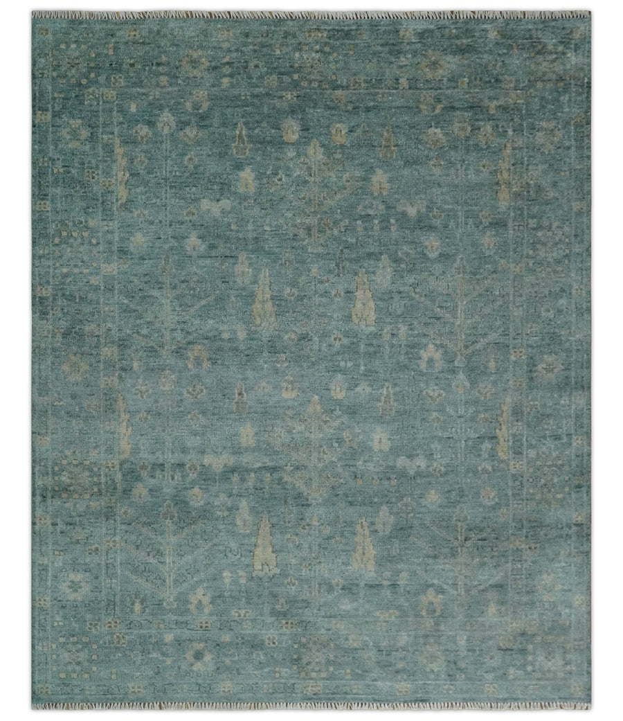 Custom Made Tree of Life Hand Knotted Teal and Beige Traditional Oushak Wool Area Rug - The Rug Decor