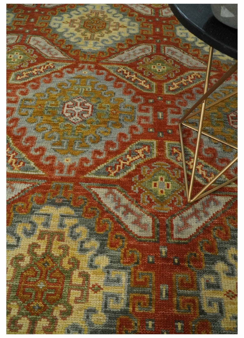 Custom Made Tribal Motifs Hand Knotted Rust, Gold and Blue Oriental Traditional Wool Area Rug - The Rug Decor