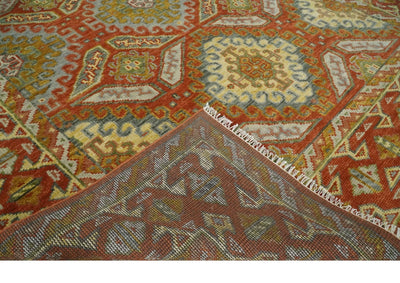 Custom Made Tribal Motifs Hand Knotted Rust, Gold and Blue Oriental Traditional Wool Area Rug - The Rug Decor