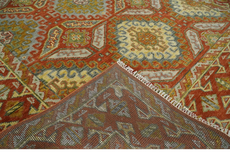 Custom Made Tribal Motifs Hand Knotted Rust, Gold and Blue Oriental Traditional Wool Area Rug - The Rug Decor