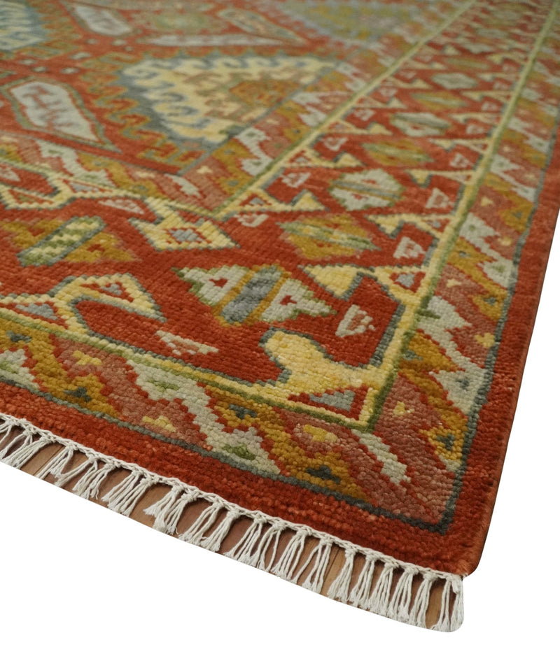 Custom Made Tribal Motifs Hand Knotted Rust, Gold and Blue Oriental Traditional Wool Area Rug - The Rug Decor