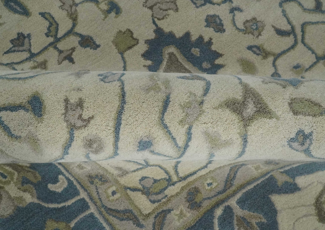 Custom Made Tufted Beige and Blue Traditional Wool Oushak Rug - The Rug Decor