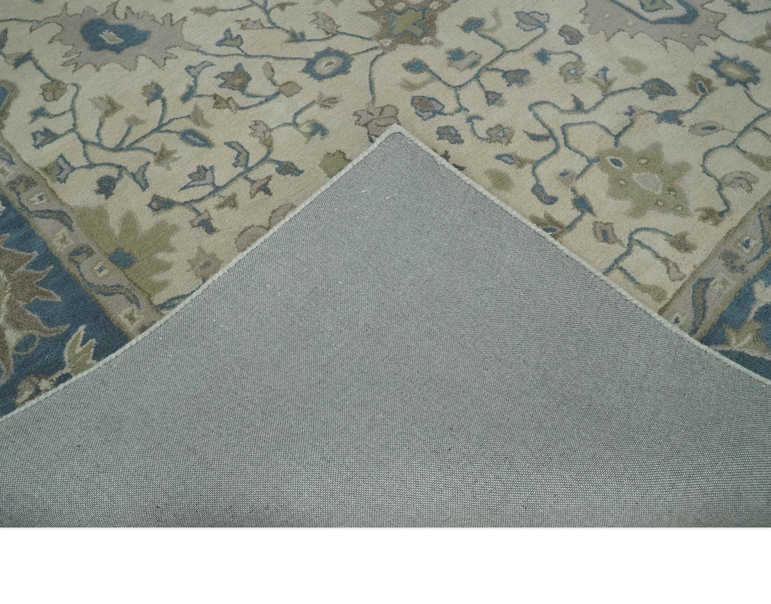 Custom Made Tufted Beige and Blue Traditional Wool Oushak Rug - The Rug Decor