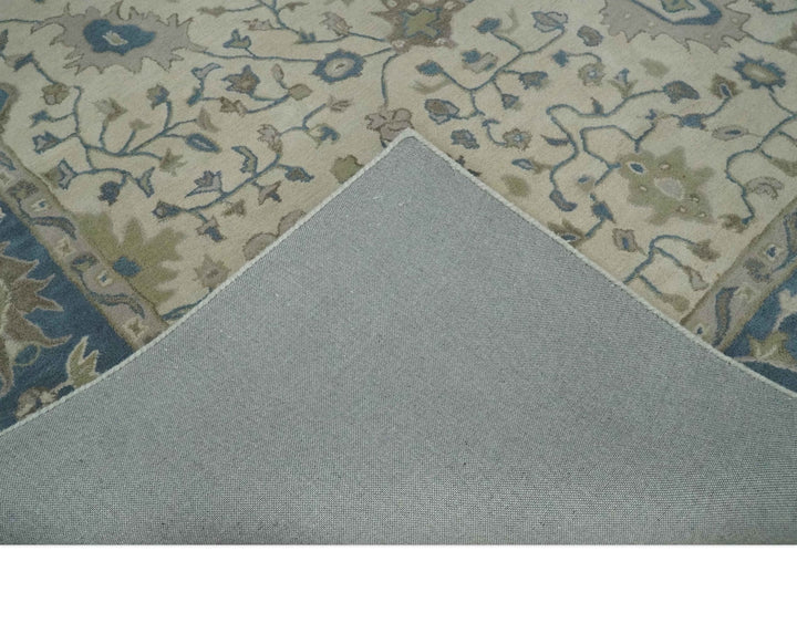 Custom Made Tufted Beige and Blue Traditional Wool Oushak Rug - The Rug Decor