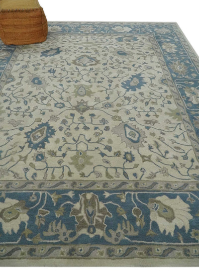Custom Made Tufted Beige and Blue Traditional Wool Oushak Rug - The Rug Decor