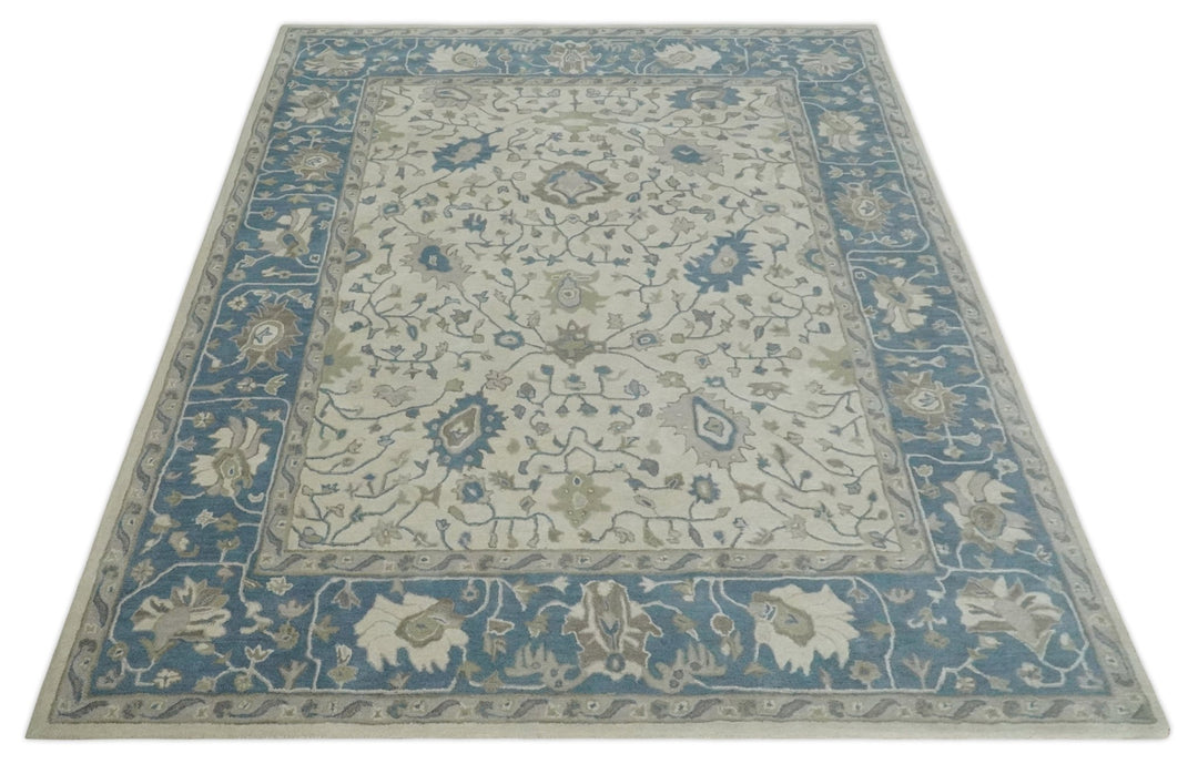 Custom Made Tufted Beige and Blue Traditional Wool Oushak Rug - The Rug Decor