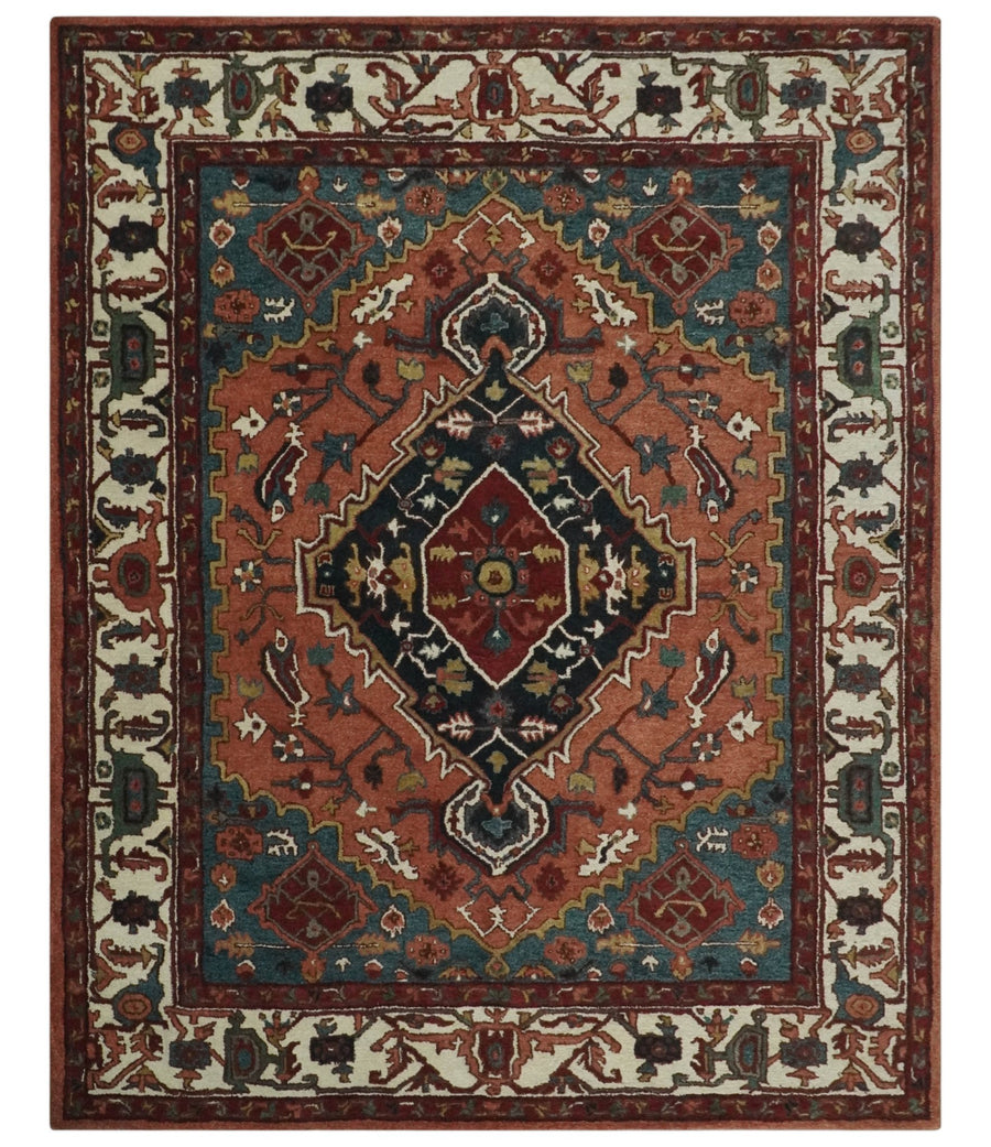 Custom Made Vintage Style Black, Rust, Teal and Ivory Hand Tufted Traditional wool Area Rug - The Rug Decor