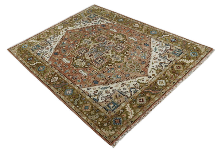 Custom Made Vintage Style Olive, Rust and Ivory Hand knotted Traditional wool Area Rug - The Rug Decor