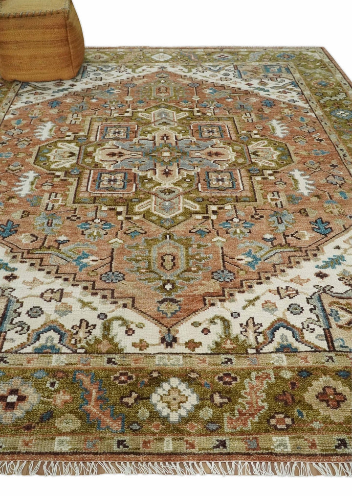 Custom Made Vintage Style Olive, Rust and Ivory Hand knotted Traditional wool Area Rug - The Rug Decor