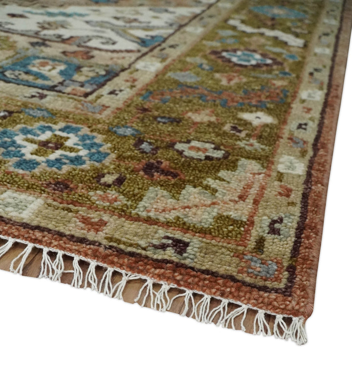 Custom Made Vintage Style Olive, Rust and Ivory Hand knotted Traditional wool Area Rug - The Rug Decor