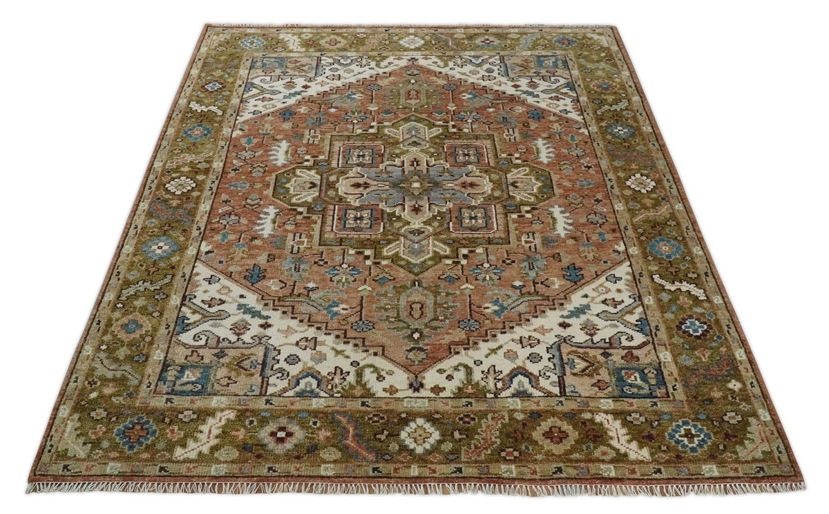 Vintage Style Olive, Rust and Ivory Traditional Heriz wool Area Rug ...