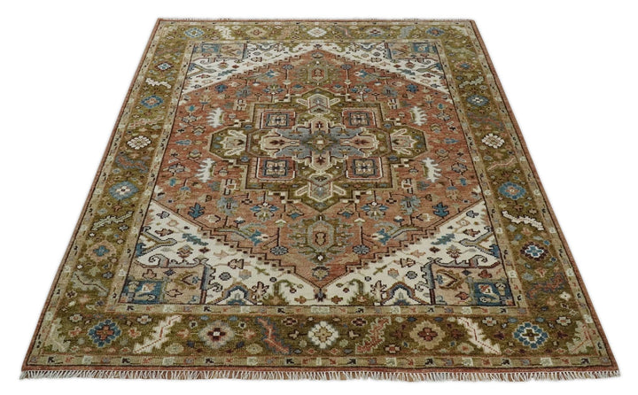 Custom Made Vintage Style Olive, Rust and Ivory Hand knotted Traditional wool Area Rug - The Rug Decor