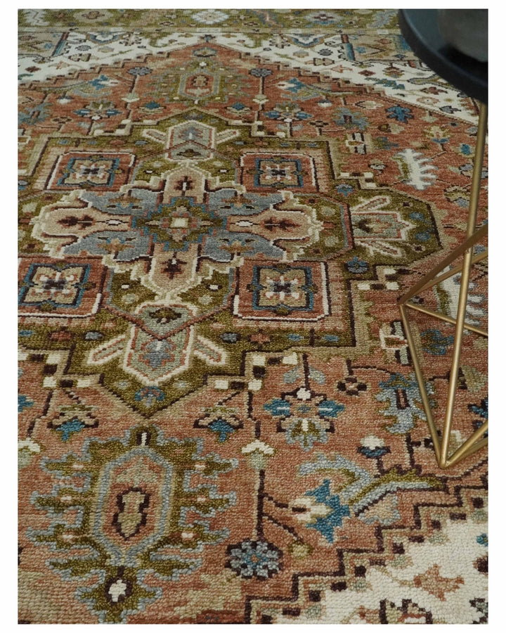 Custom Made Vintage Style Olive, Rust and Ivory Hand knotted Traditional wool Area Rug - The Rug Decor