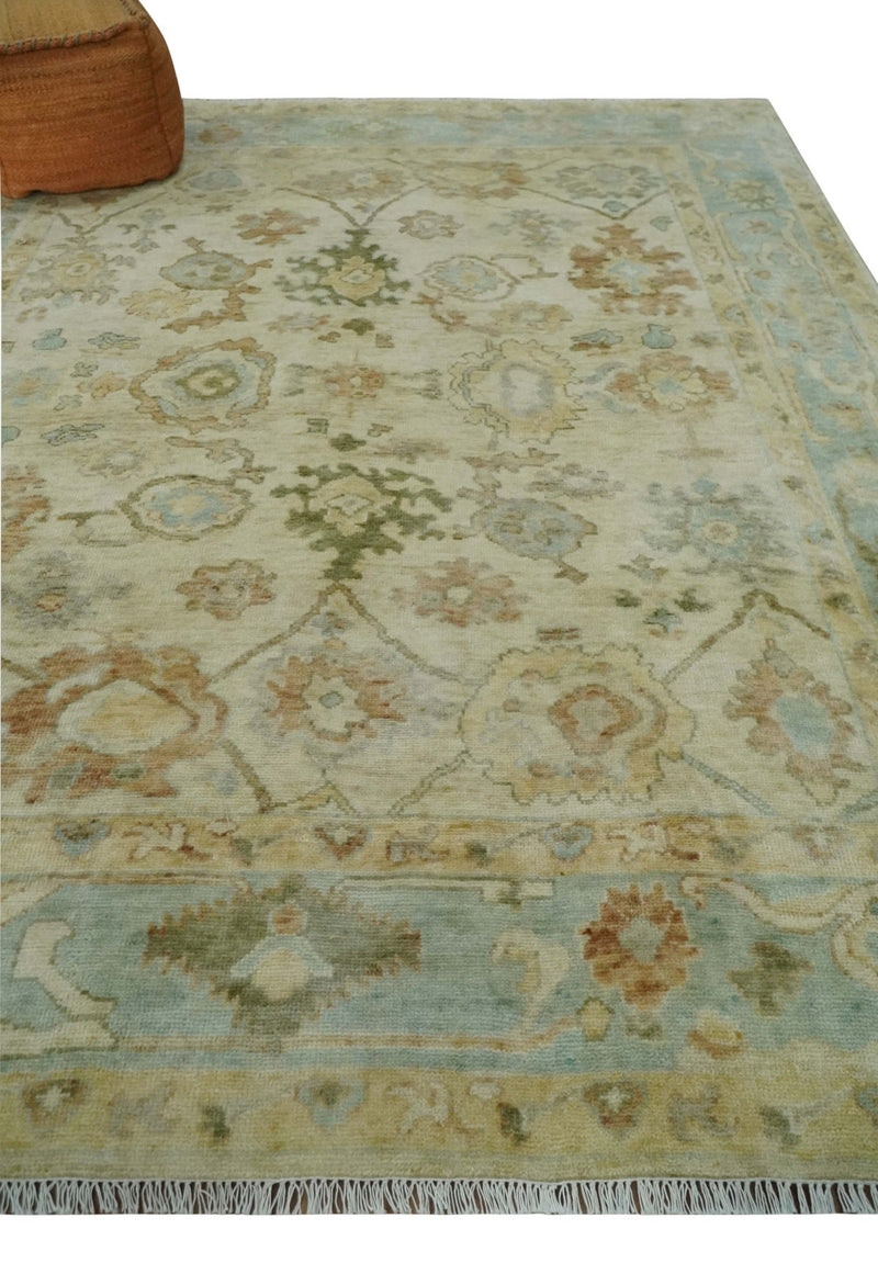 Custom Makde Antique Finish Hand Knotted Beige and Silver Multi Size Oushak Wool Area Rug - The Rug Decor