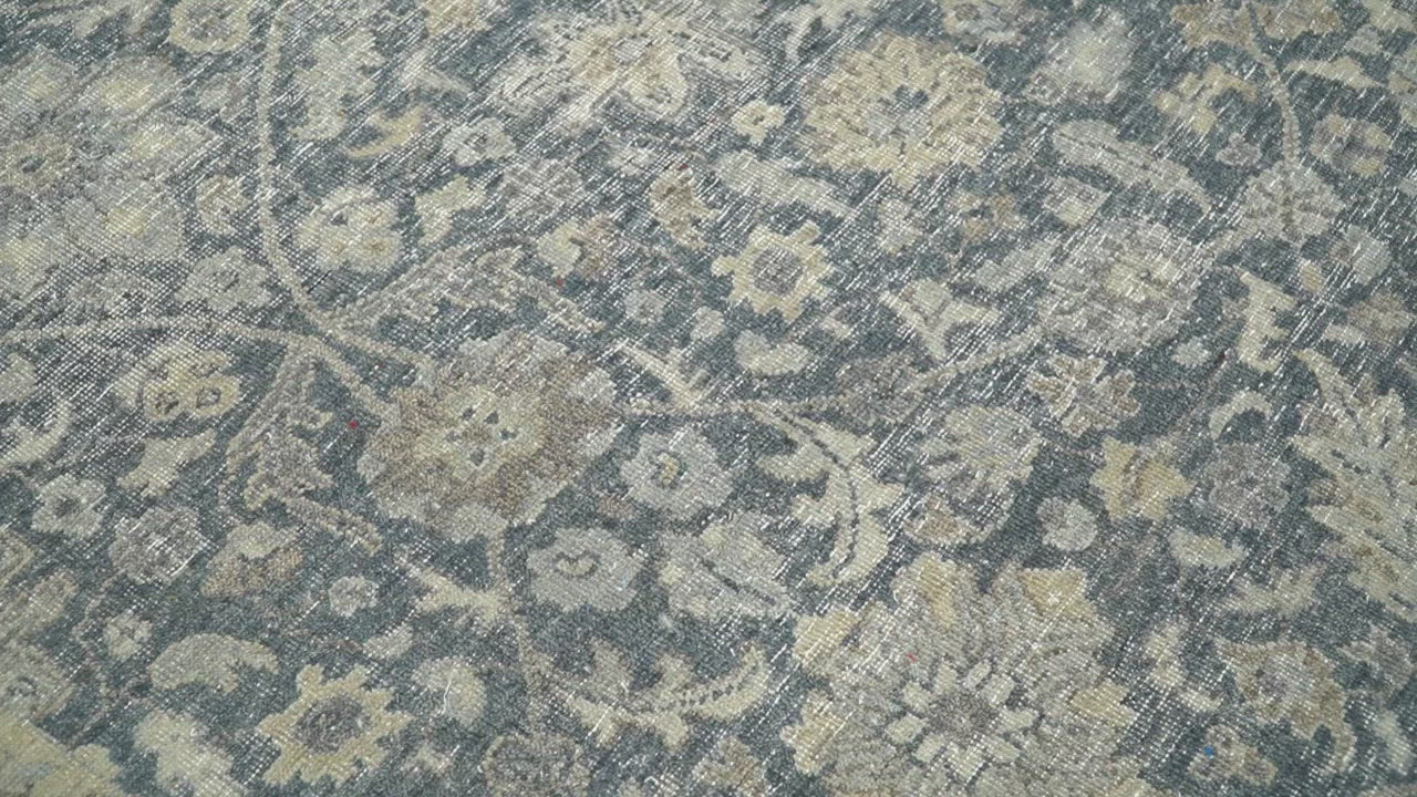 Custom Made Vintage Style Hand Knotted Traditional Blue and Beige Antique Textured Low Pile Distressed Wool Rug