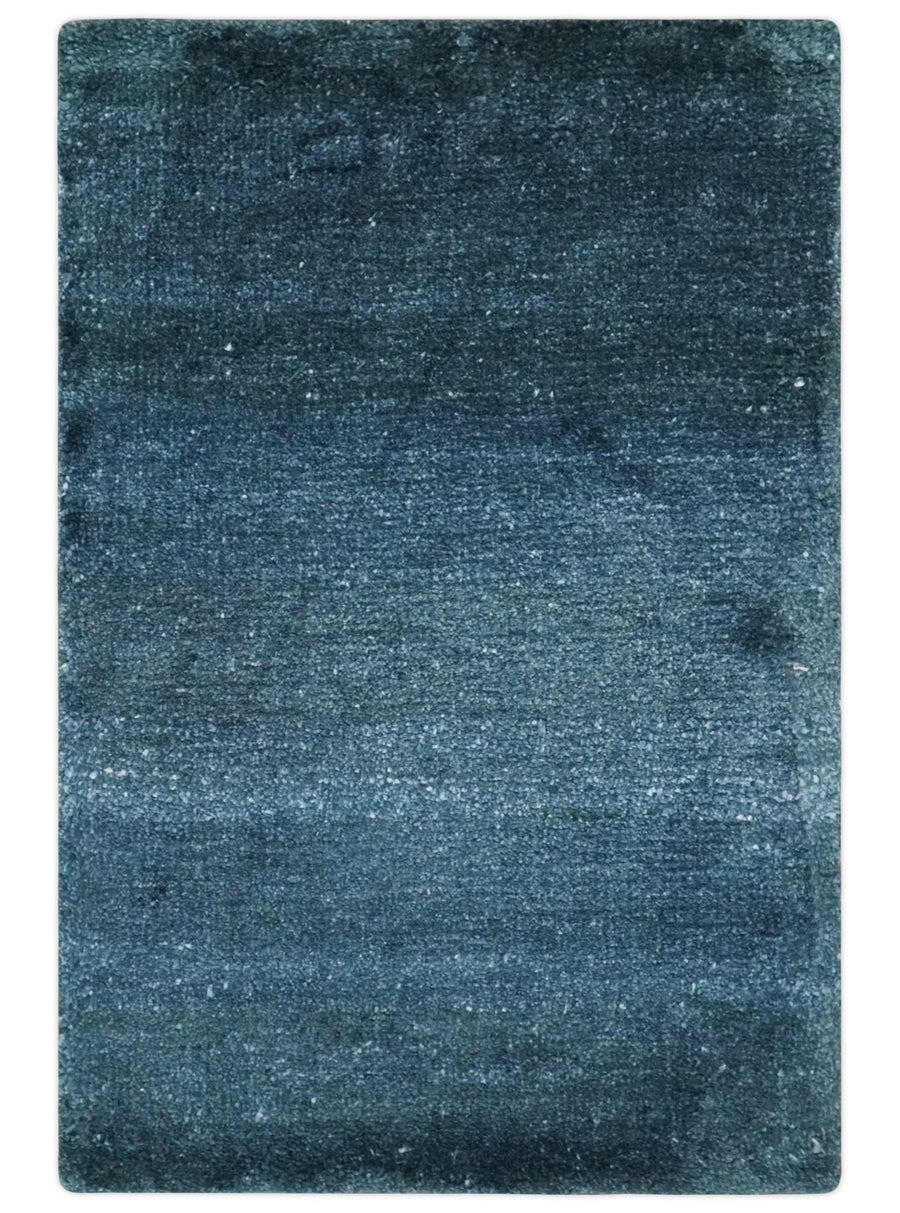 Dark Blue 2x3 Hand Knotted Solid Blue Rug made with Art Silk | N6623 - The Rug Decor