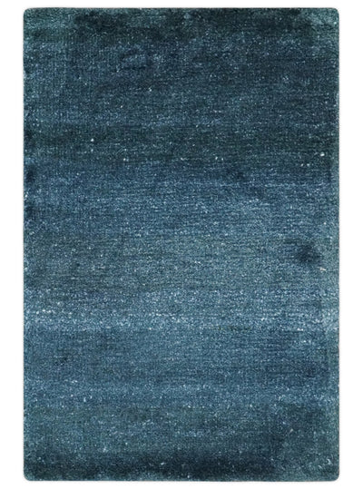 Dark Blue 2x3 Hand Knotted Solid Blue Rug made with Art Silk | N6623 - The Rug Decor