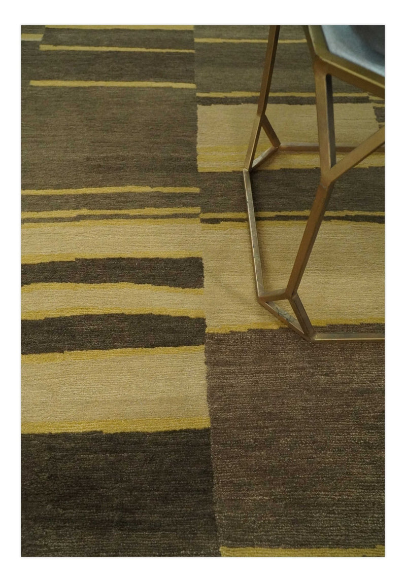 Dark Brown, Gold and Beige Modern Stripes Hand knotted 5x8 wool Area Rug - The Rug Decor