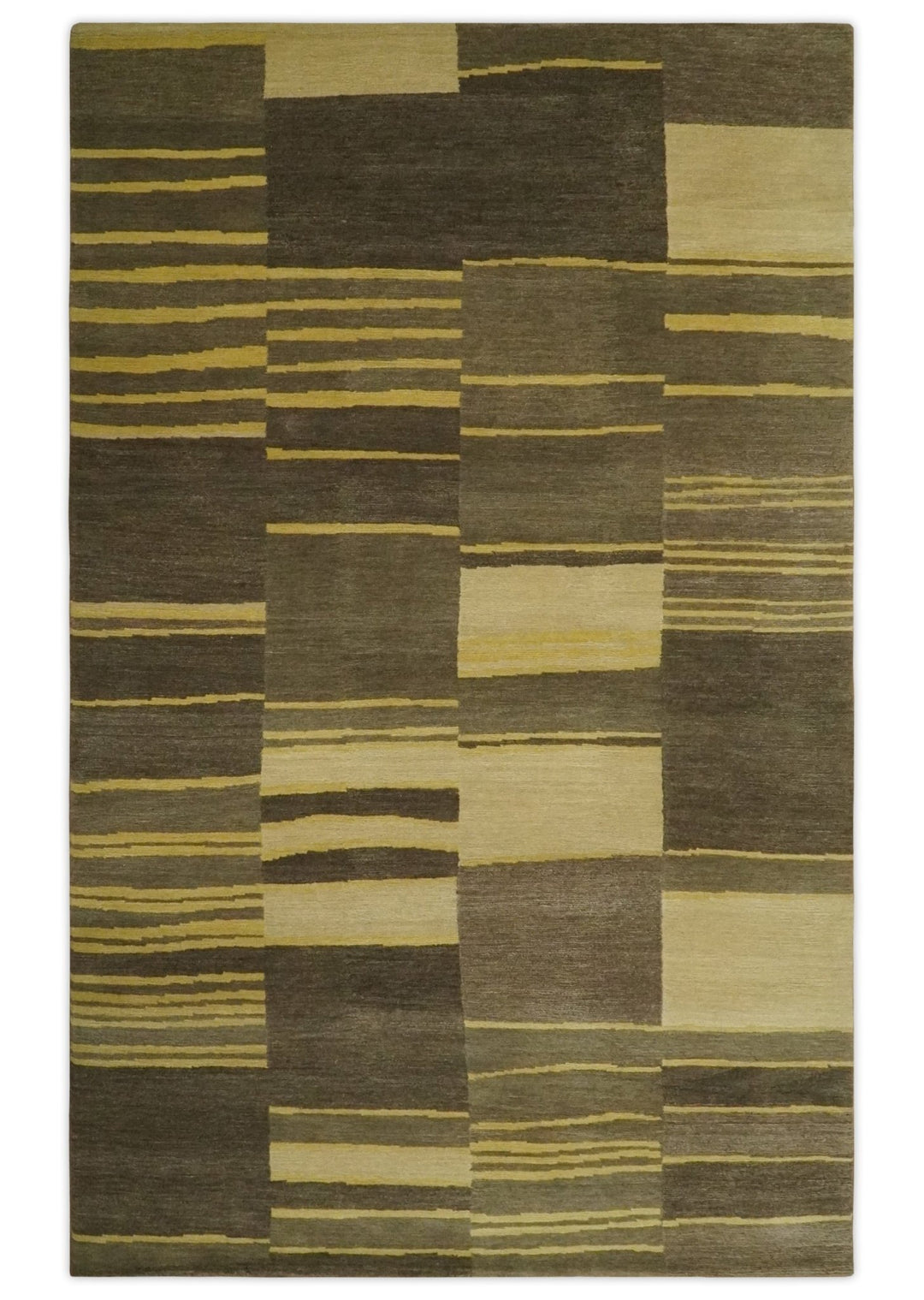 Dark Brown, Gold and Beige Modern Stripes Hand knotted 5x8 wool Area Rug - The Rug Decor