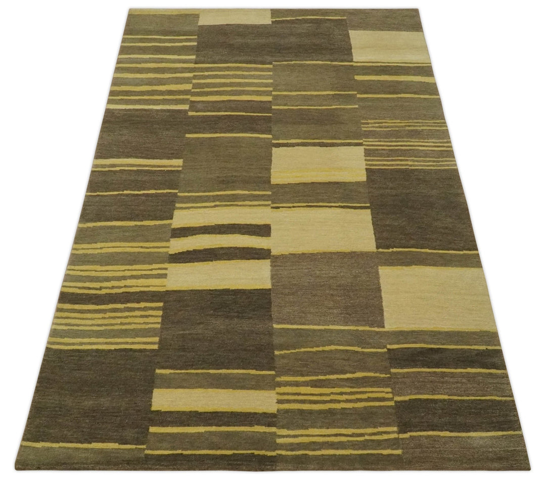 Dark Brown, Gold and Beige Modern Stripes Hand knotted 5x8 wool Area Rug - The Rug Decor