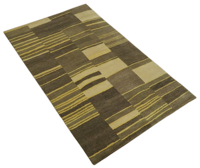 Dark Brown, Gold and Beige Modern Stripes Hand knotted 5x8 wool Area Rug - The Rug Decor