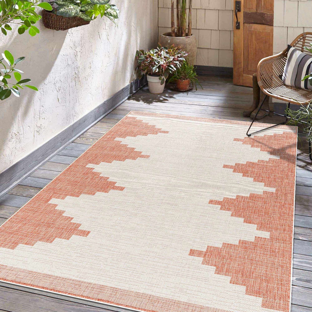 Dark Peach and Ivory Geometrical Indoor & Outdoor Multi Size Area Rug - The Rug Decor