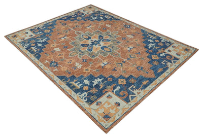 Dark Peach, Blue and Silver Traditional Floral Medallion Hand Tufted Multi Size wool Area Rug - The Rug Decor