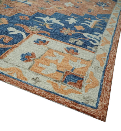 Dark Peach, Blue and Silver Traditional Floral Medallion Hand Tufted Multi Size wool Area Rug - The Rug Decor