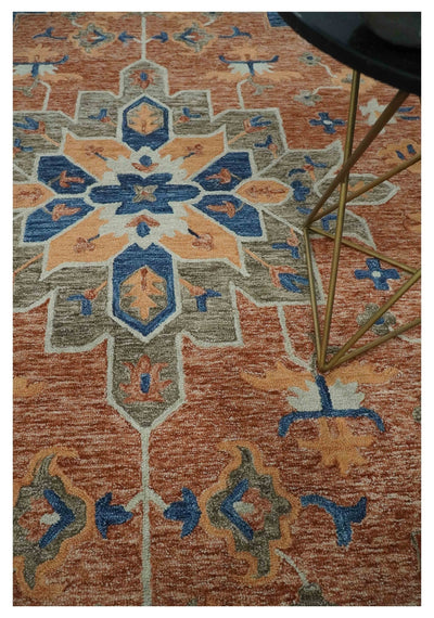 Dark Peach, Blue and Silver Traditional Floral Medallion Hand Tufted Multi Size wool Area Rug - The Rug Decor
