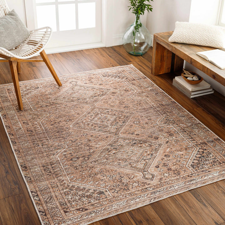 Dark Peach, Ivory and Charcoal Transitional Washable Area Rug - The Rug Decor